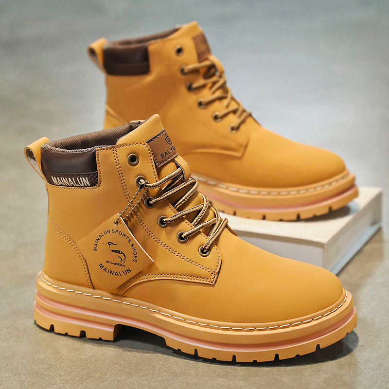 Men Shoes Type - クラシックメンズハイカットブーツ高品質イエローレザーブーツファッションアウトドアスニーカーメンズレースアップ滑り止めアンクルブーツメンズ