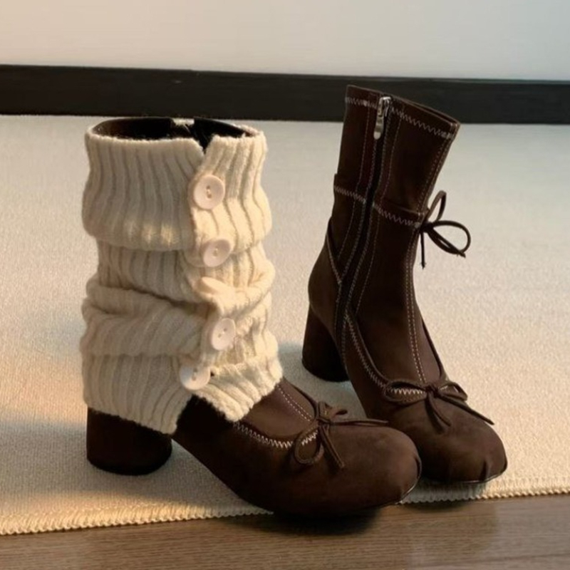 Chelsea Boots Suede - ボウ付きハイヒールレディースブーツ、ニューマリージェーンシューズ、2025年冬デザイナースエードチェルシーブーツ、チャンキーヒールドレスロリータシューズ、ムヘールボタス