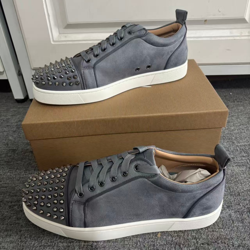 Men Shoes Red - グレーフランネルレザーレッドソールスニーカー レディース メンズ ラウンドトゥ レースアップ フラットソール