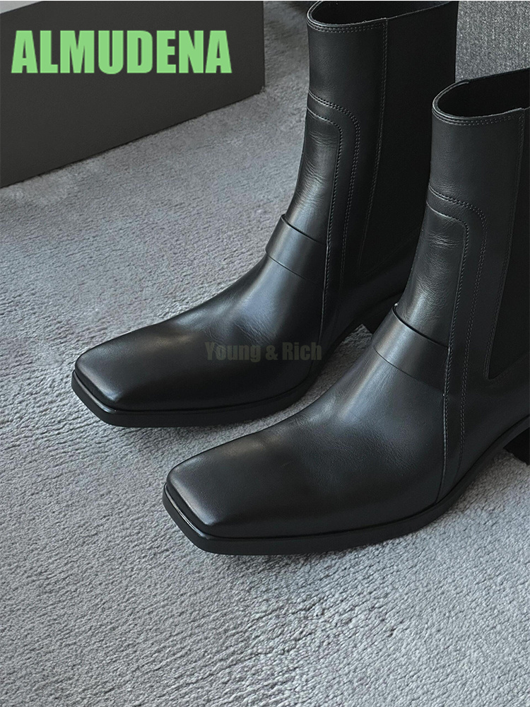 Chelsea Boots Suede - スクエアトゥ、ミドルヒールのオートバイブーツ、ファッショナブルでトレンディなメンズ・レディースのミニマリストレザースプライシングデザインスリーブショートブーツ