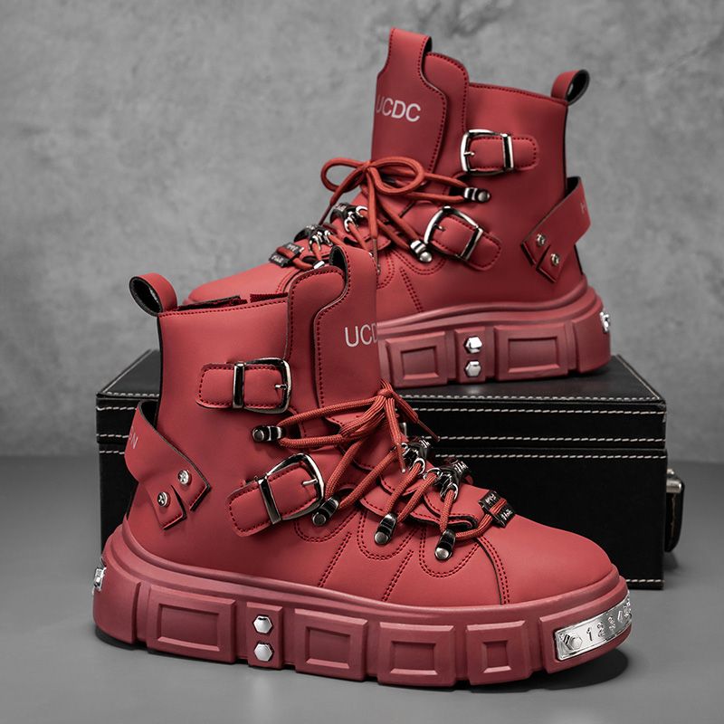 Men Shoes Red - オリジナルブランドブーツ男性用パンクプラットフォームレッドトレンド高級男の靴ファッションリベット付き高級オートバイブーツ Botines Hombre