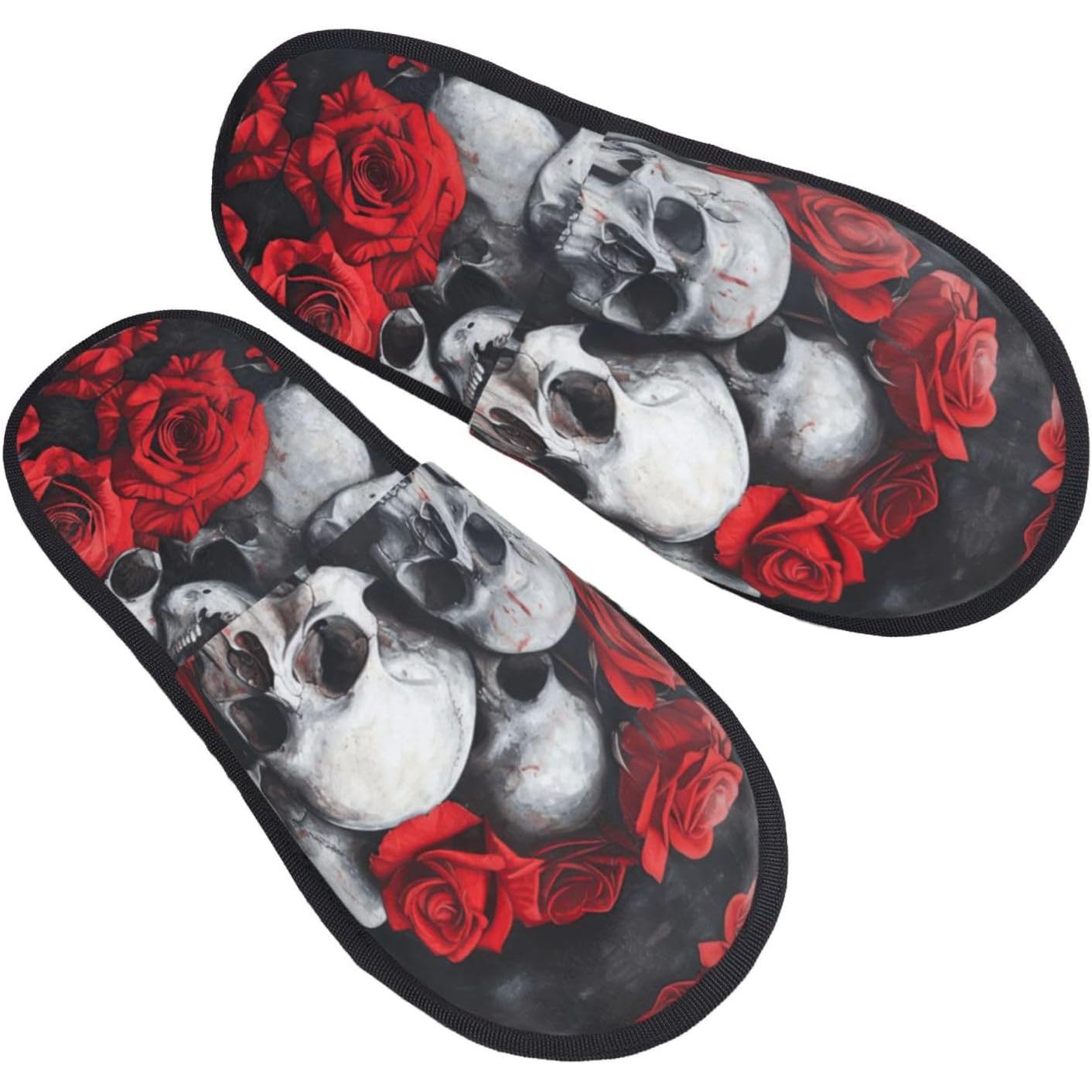 Men Shoes Red - スカルとレッドローズプリント 秋冬用 ふわふわスリッパ 快適なルームシューズ ホテル旅行用ギフト 女性と男性向け