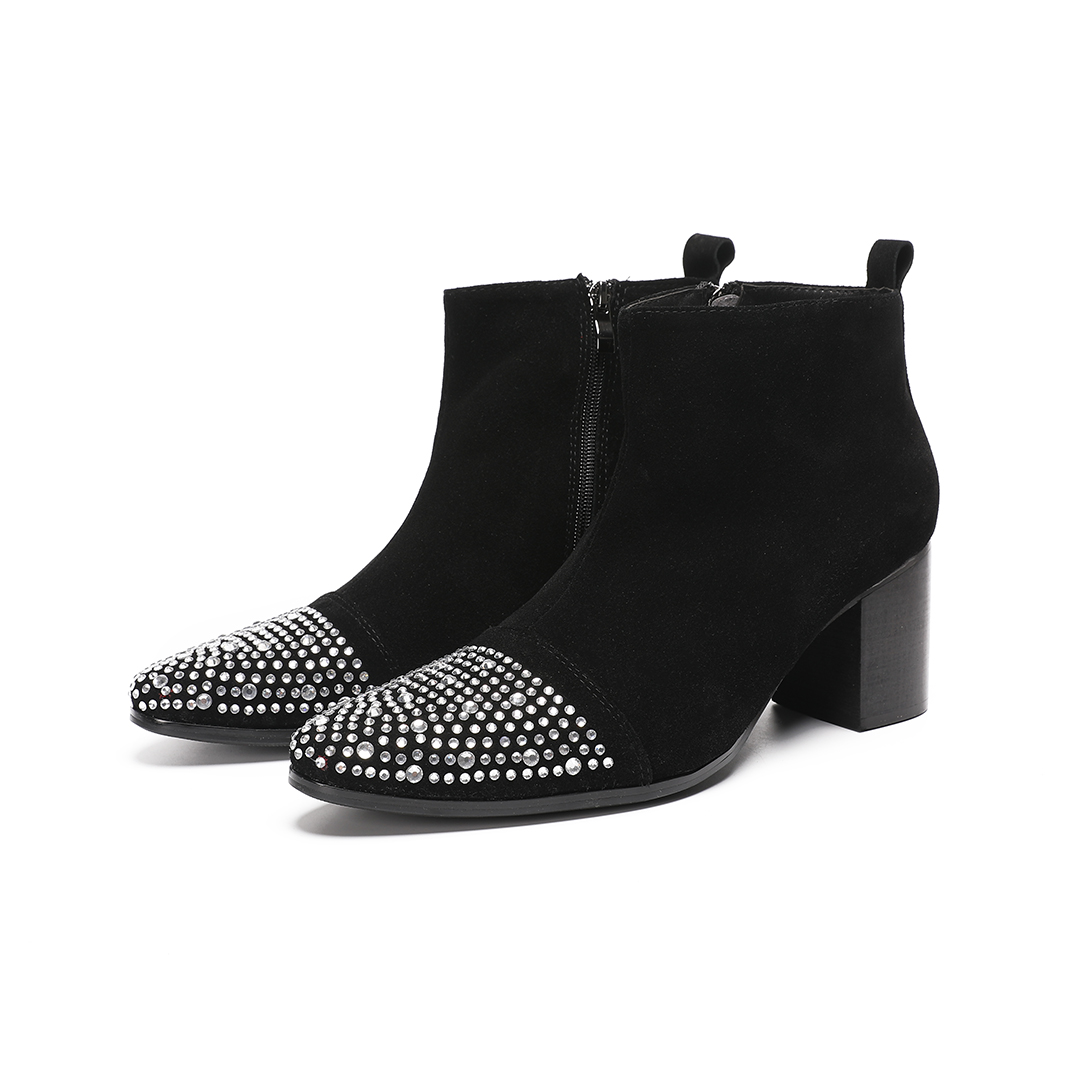 Men'S Shoes Zipper - メンズ スエード レザー ラインストーン ハイヒール アンクルブーツ