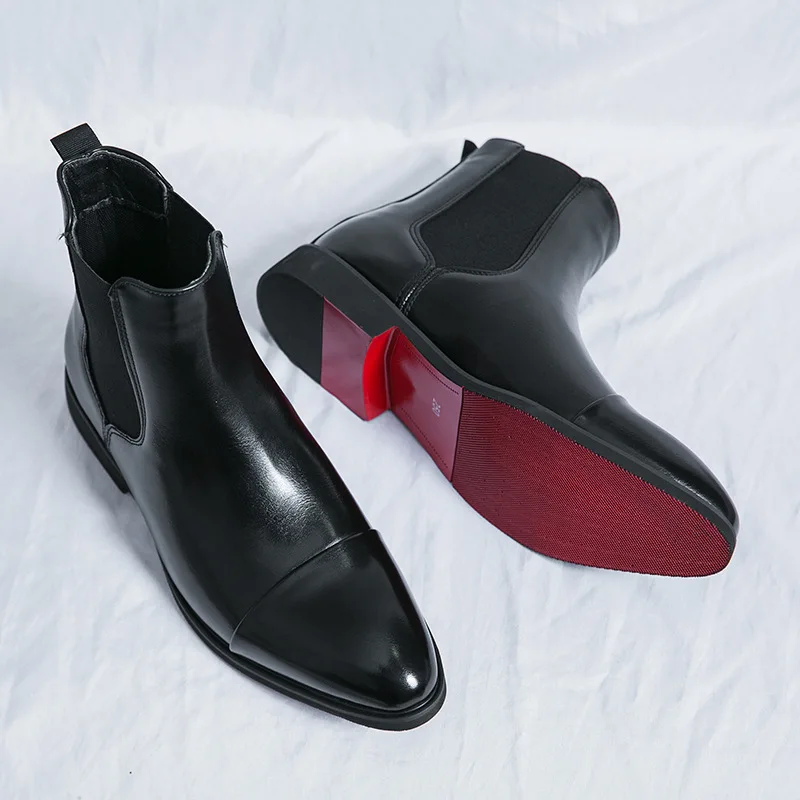 Men Shoes Red Bottom - 男性用の先のとがったつま先のブーツ,仕事用の赤い靴底の靴,革のハイトップ,カジュアル,英国