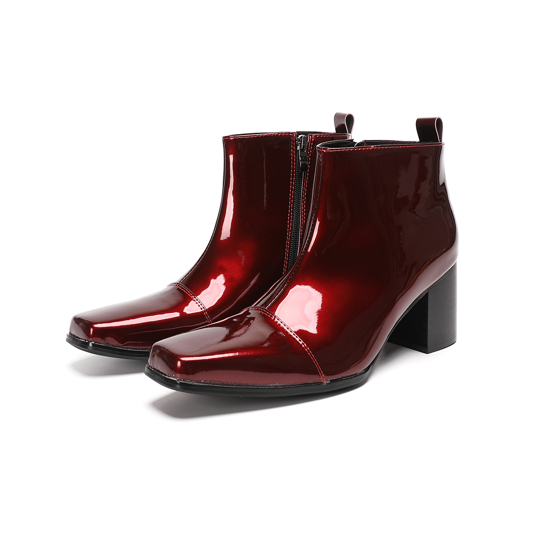 Men Shoes Red - 男性用赤色本革ハイヒールアンクルブーツ メンズ ジッパー スクエアトゥ ブロックヒール ナイトクラブ