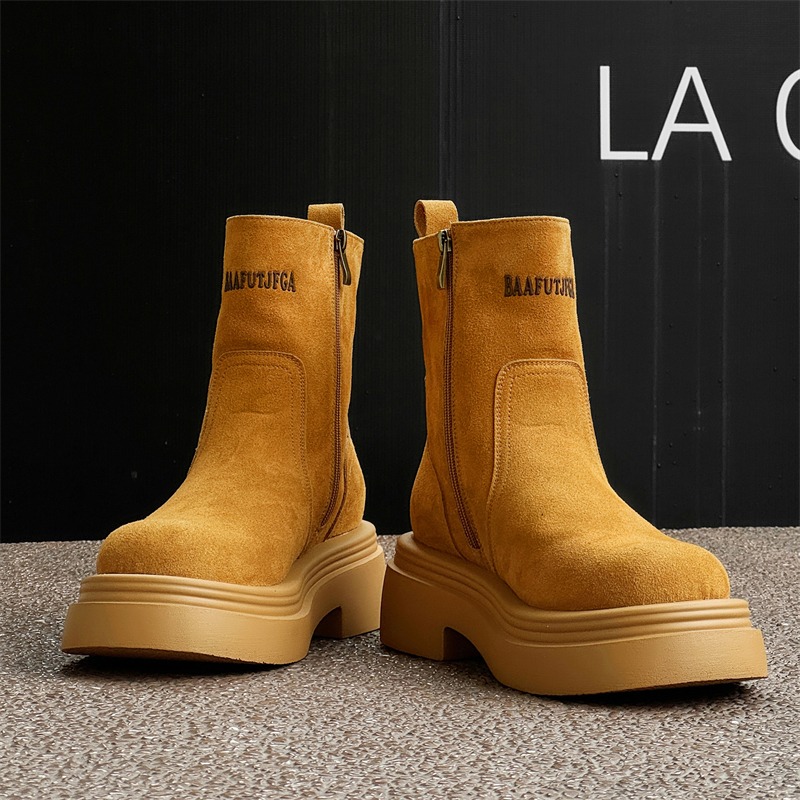 Men'S Shoes Zipper - 冬ヨーロッパアメリカレトロ厚底サイドジッパー身長アップハイエンドビッグヘッドチムニーカップルスタイルショートブーツ