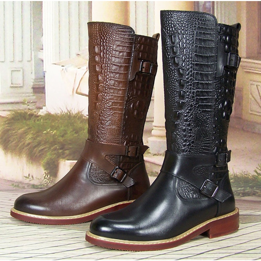 Men'S Shoes Zipper - メンズエンボスレザー儀仗隊乗馬用ウエスタンブーツ、ニーハイ、バックルストラップ付き、アウトドアナイトシューズ、ジッパー付き