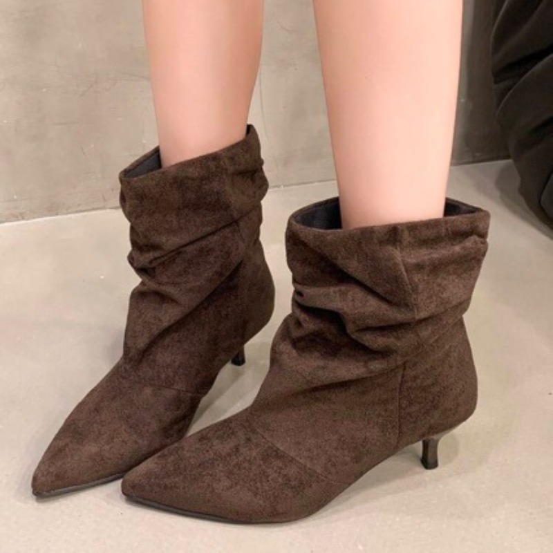 Chelsea Boots Suede - ブラウンレトロエレガントデザイナーアンクルブーツ女性ファッションプリーツスエード秋冬子猫ヒールパーティープロムチェルシーシューズ