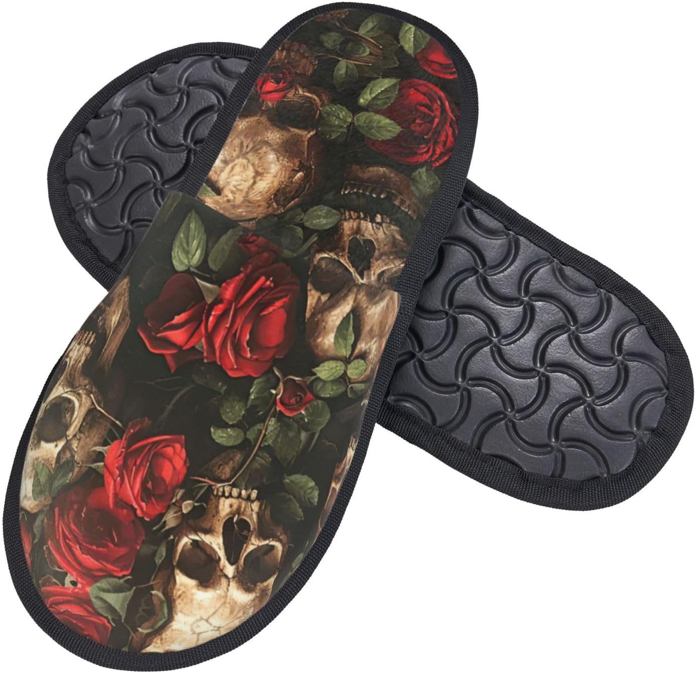 スカルとレッドローズのプリント 秋冬用ファジースリッパ 快適 - Men Shoes Red のレビューと価格