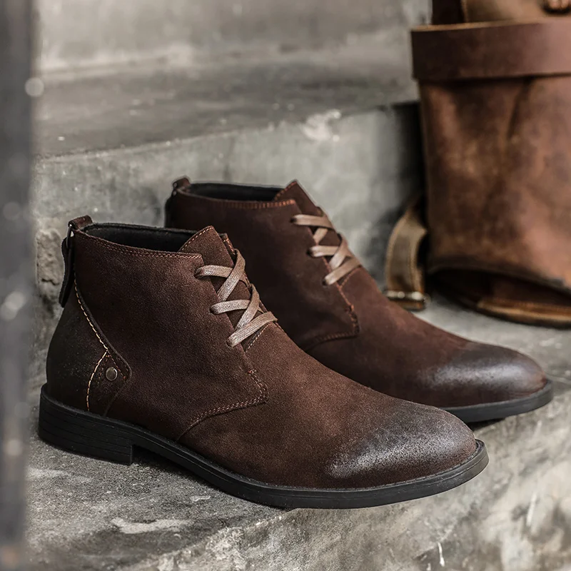 新しい牛革スエードアンクルブーツ手作りヴィンテージ英国男性レ - Men'S Shoes Zipper のレビューと価格