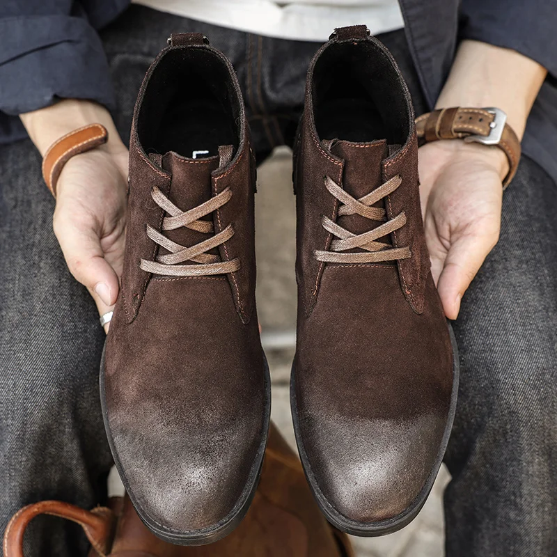 新しい牛革スエードアンクルブーツ手作りヴィンテージ英国男性レ - Men'S Shoes Zipper のレビューと価格