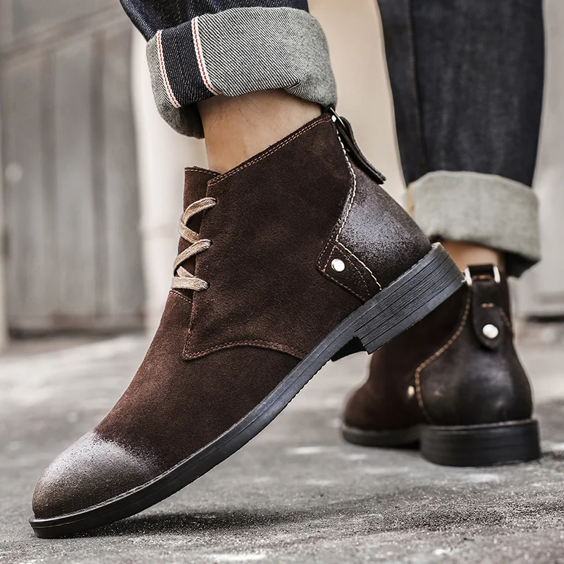 新しい牛革スエードアンクルブーツ手作りヴィンテージ英国男性レ - Men'S Shoes Zipper のレビューと価格
