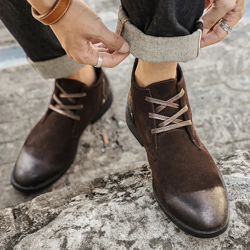 新しい牛革スエードアンクルブーツ手作りヴィンテージ英国男性レ - Men'S Shoes Zipper のレビューと価格
