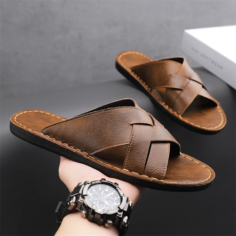 本革メンズカジュアルサンダル夏メンズスリッパ屋外通気性ビーチ - Men'S Shoes Qn のレビューと価格