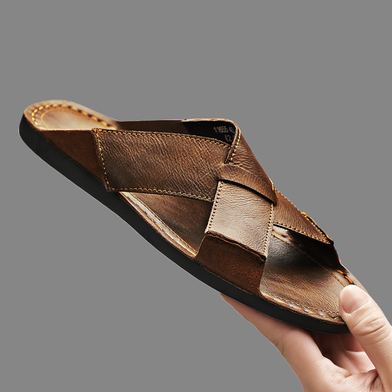 ファッション本革メンズスリッパ夏の男のサンダル屋外ビーチシュ - Men'S Shoes Qn のレビューと価格