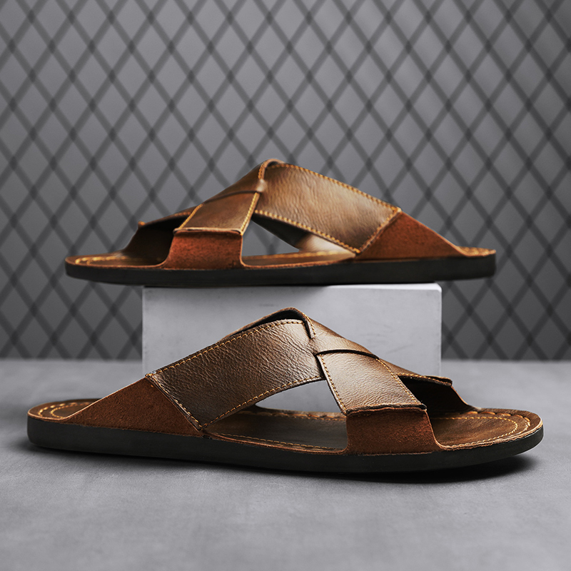 ファッション本革メンズスリッパ夏の男のサンダル屋外ビーチシュ - Men'S Shoes Qn のレビューと価格