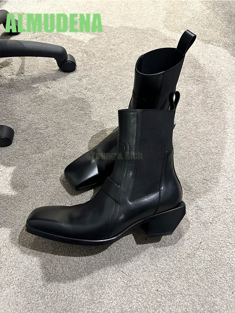 スクエアトゥ、ミドルヒールのオートバイブーツ、ファッショナブ - Chelsea Boots Suede のレビューと価格