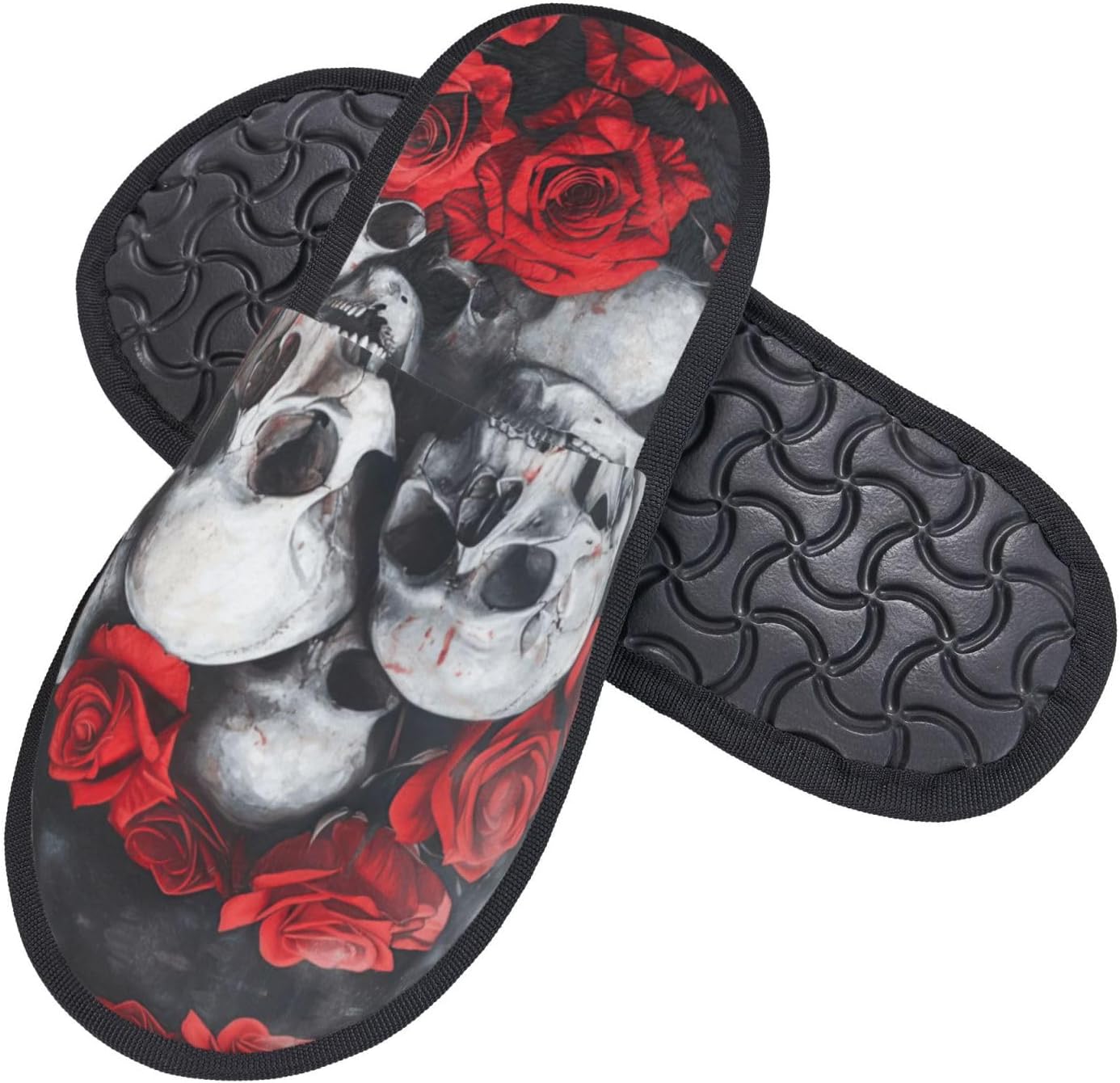 スカルとレッドローズプリント 秋冬用 ふわふわスリッパ 快適 - Men Shoes Red のレビューと価格