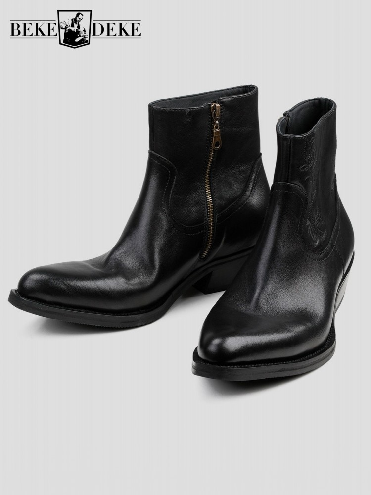 新しいメンズジッパー牛革アンクルブーツフラワーブラックハイカ - Men'S Shoes Zipper のレビューと価格