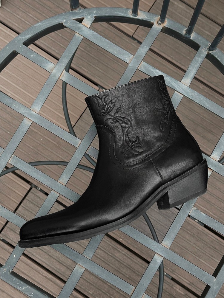 新しいメンズジッパー牛革アンクルブーツフラワーブラックハイカ - Men'S Shoes Zipper のレビューと価格