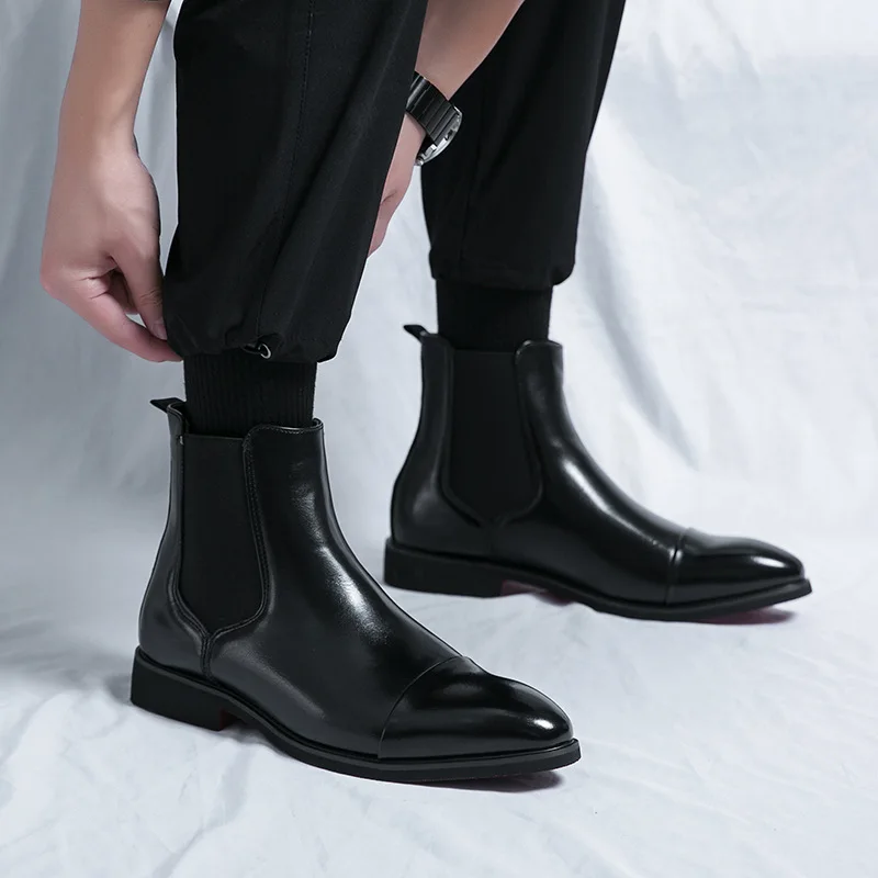 男性用の先のとがったつま先のブーツ,仕事用の赤い靴底の靴,革 - Men Shoes Red Bottom のレビューと価格