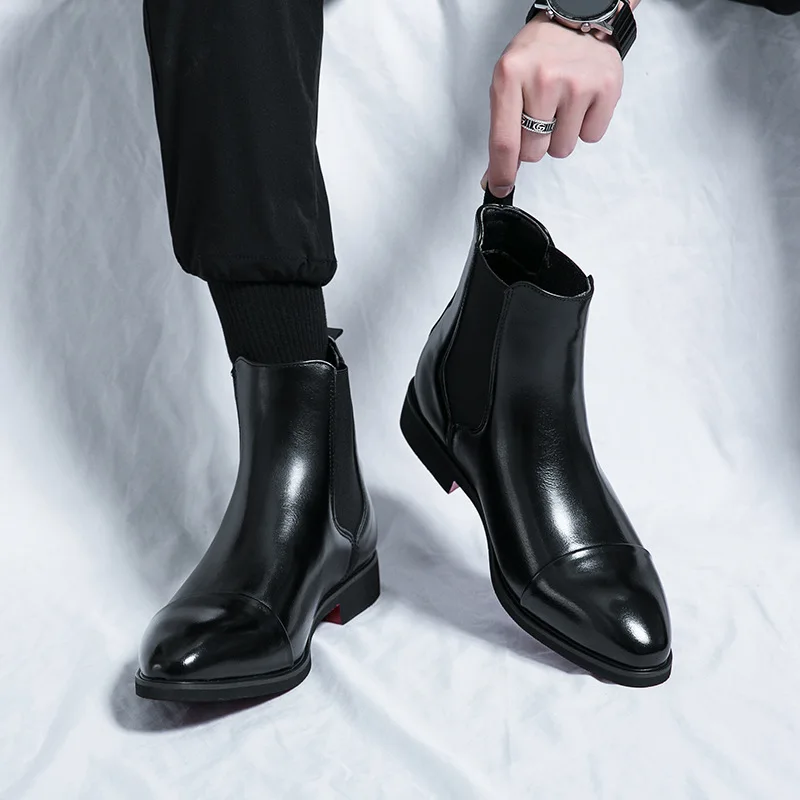 男性用の先のとがったつま先のブーツ,仕事用の赤い靴底の靴,革 - Men Shoes Red Bottom のレビューと価格