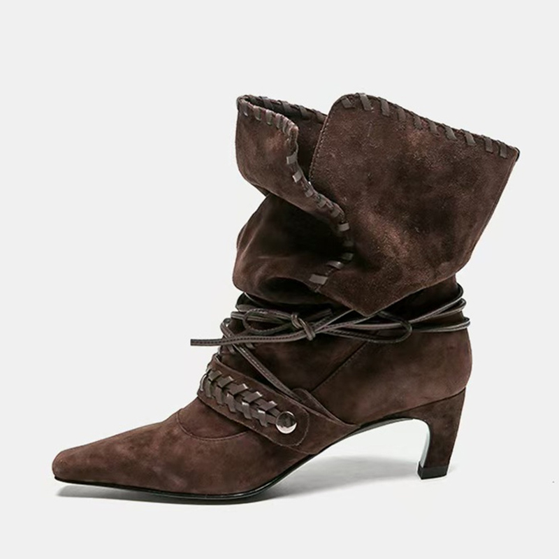 Liyke 秋冬ブラウンスエード織りレースアップ女性折りプリ - Chelsea Boots Suede のレビューと価格