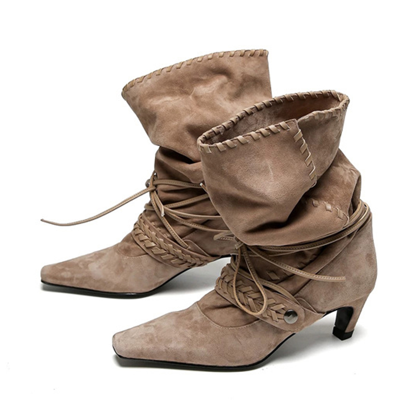 Liyke 秋冬ブラウンスエード織りレースアップ女性折りプリ - Chelsea Boots Suede のレビューと価格