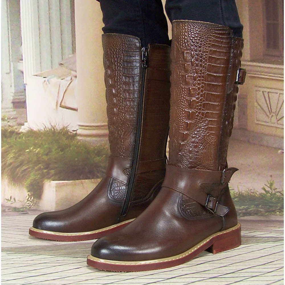 メンズエンボスレザー儀仗隊乗馬用ウエスタンブーツ、ニーハイ、 - Men'S Shoes Zipper のレビューと価格